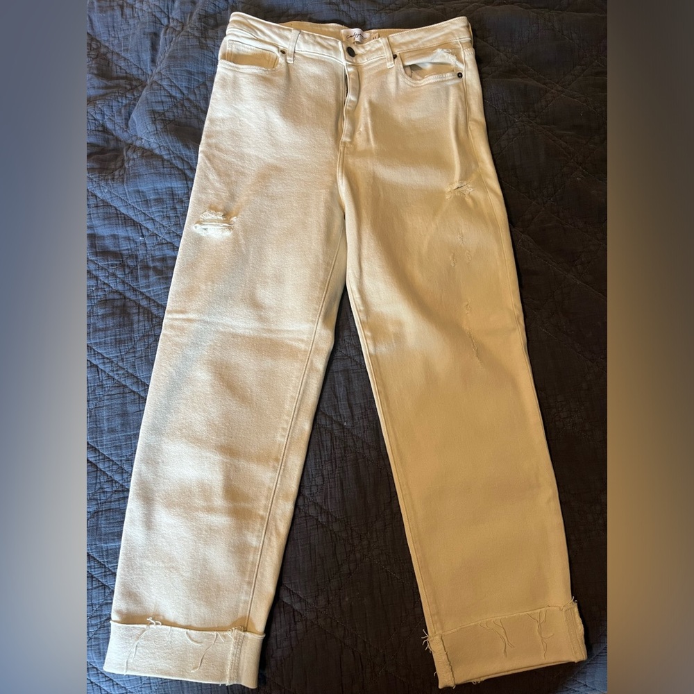 Carly Jean Los Angeles Cream Distressed Straight-Leg Jeans
